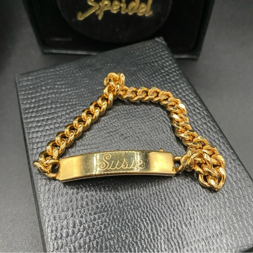 Speidel Gold Plated ID Bracelet Engraved Susie with Wide Cable Link Chain